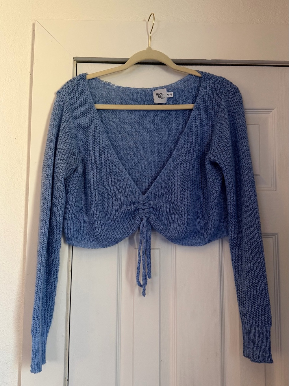 Princess Polly Light Blue V-Neck Drawstring Cropped Sweater